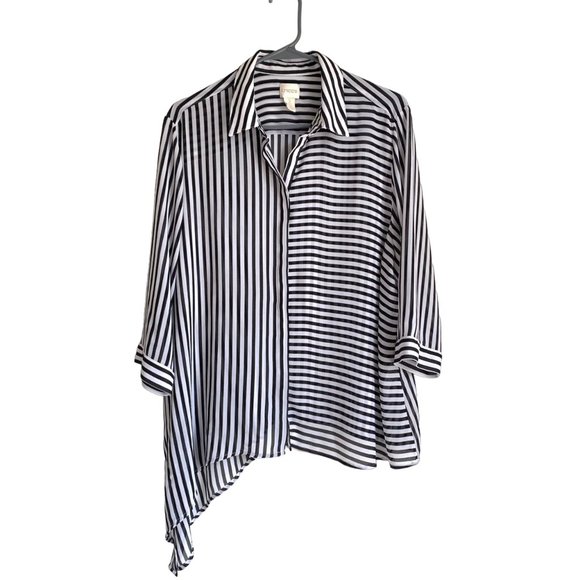 CHICO’S White Black Striped Asymmetrical Hem Button Down Tunic Shirt Size 3P - Picture 4 of 10